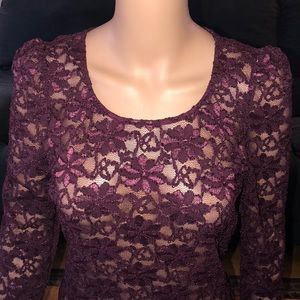 INC Burgundy/deep Purple lace sheer blouse.